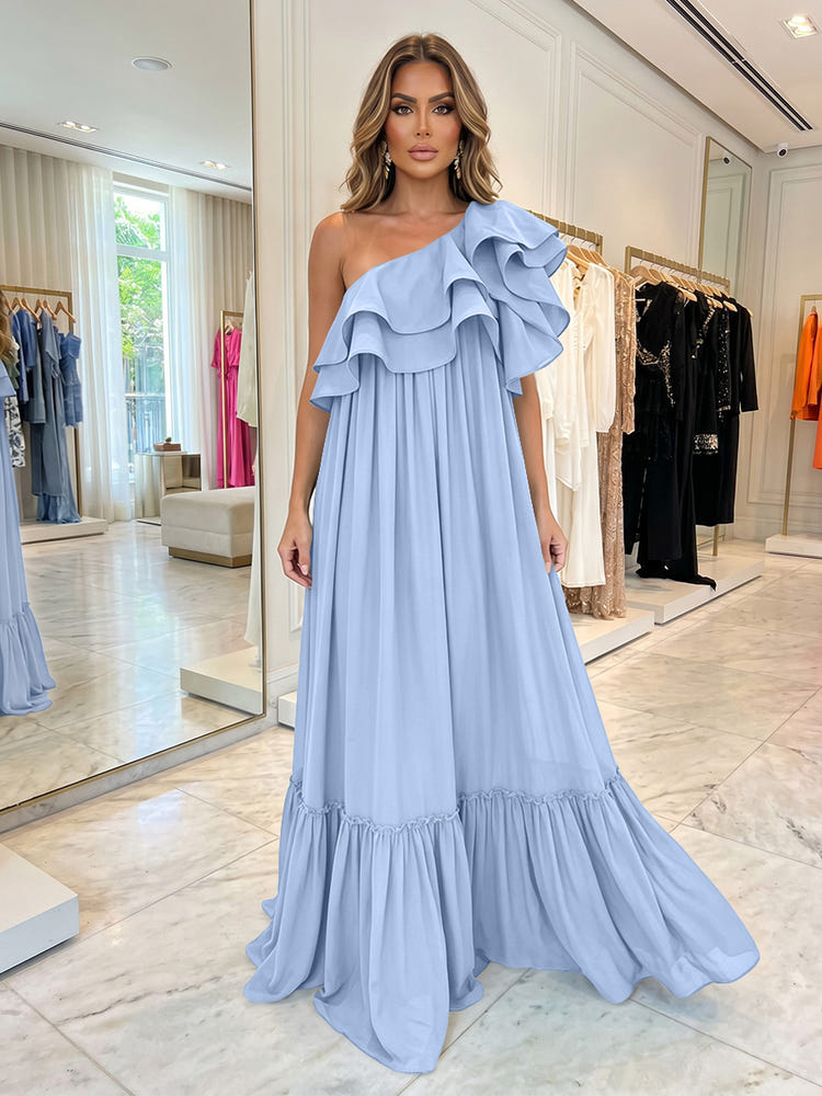 Chiffon A-Line One Shoulder Formal Dresses with Ruffles