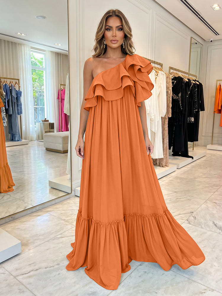 Chiffon A-Line One Shoulder Formal Dresses with Ruffles
