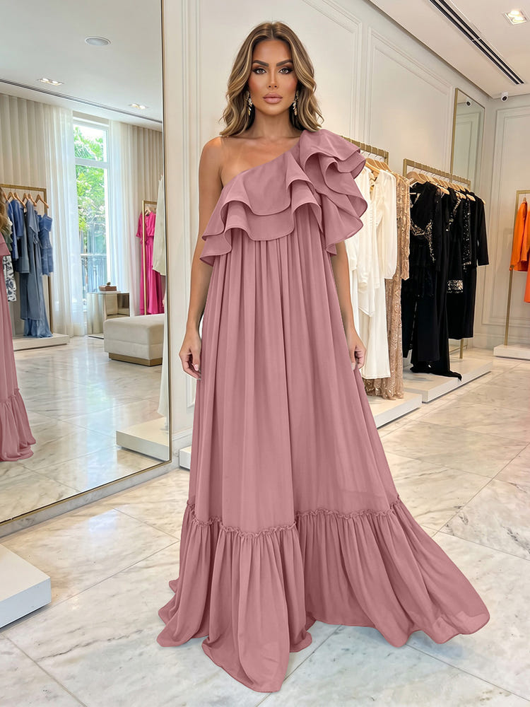 Chiffon A-Line One Shoulder Formal Dresses with Ruffles