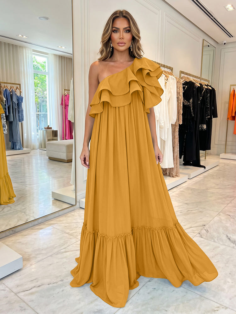 Chiffon A-Line One Shoulder Formal Dresses with Ruffles