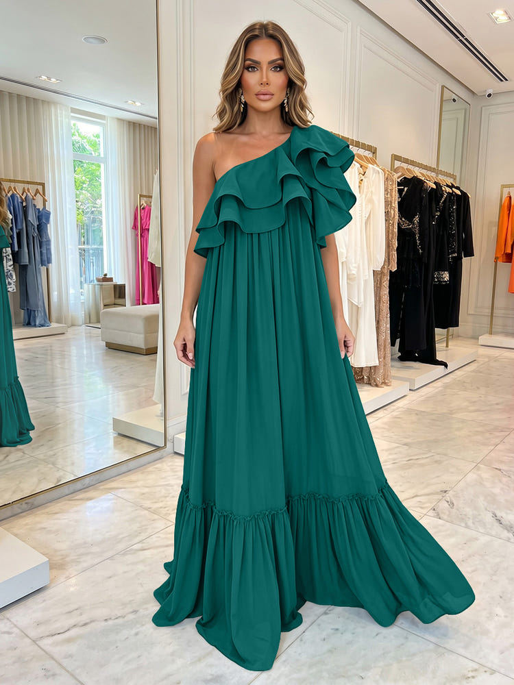 Chiffon A-Line One Shoulder Formal Dresses with Ruffles