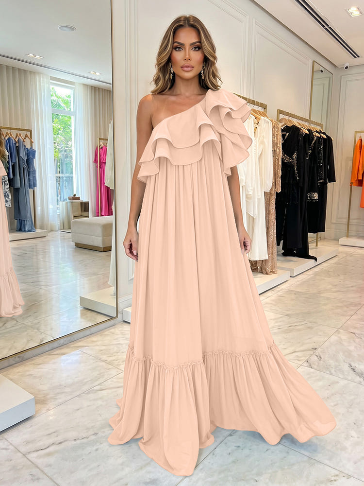 Chiffon A-Line One Shoulder Formal Dresses with Ruffles