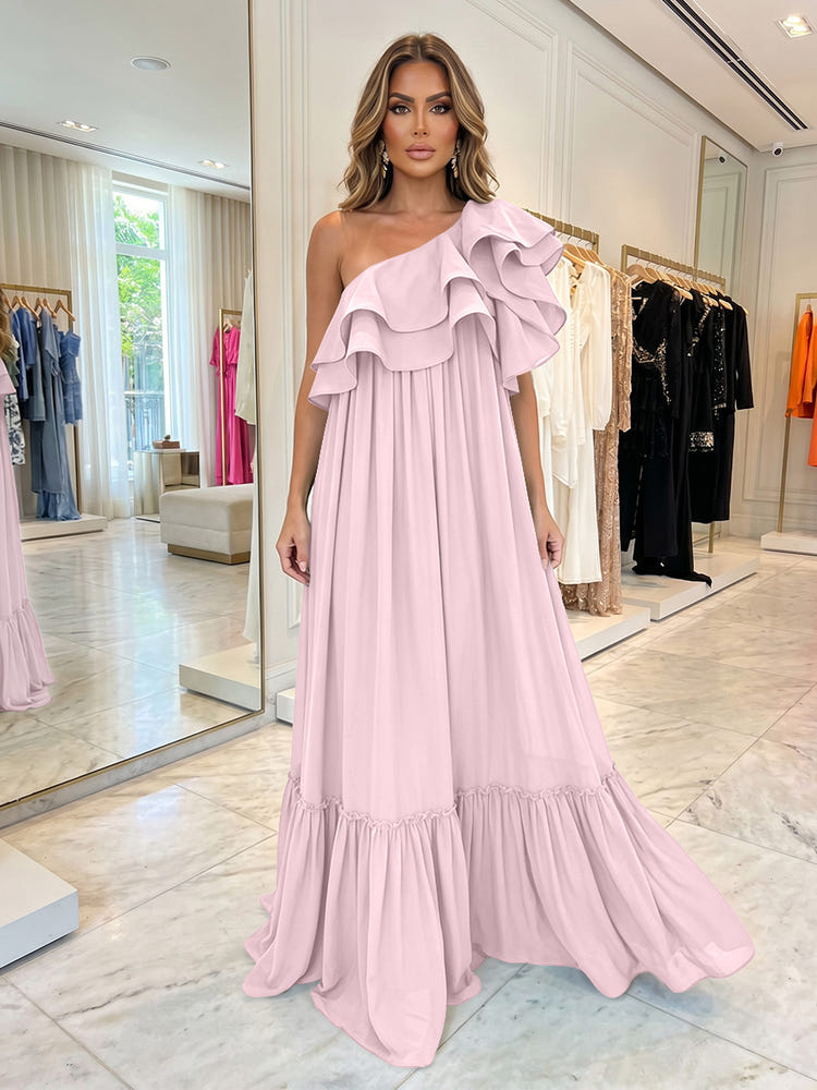 Chiffon A-Line One Shoulder Formal Dresses with Ruffles