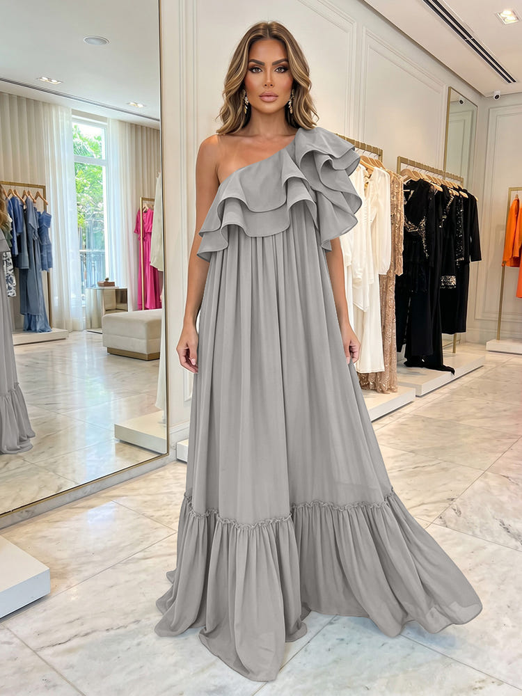 Chiffon A-Line One Shoulder Formal Dresses with Ruffles