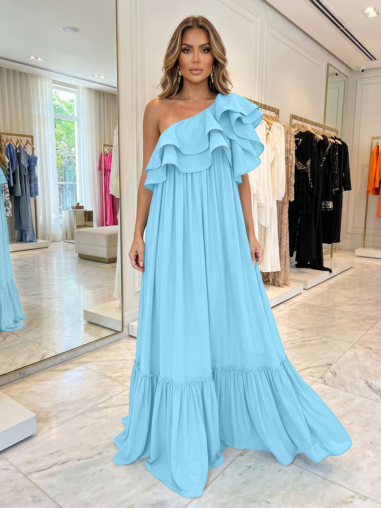 Chiffon A-Line One Shoulder Formal Dresses with Ruffles