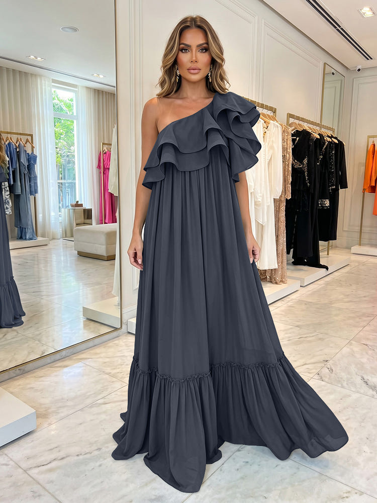 Chiffon A-Line One Shoulder Formal Dresses with Ruffles