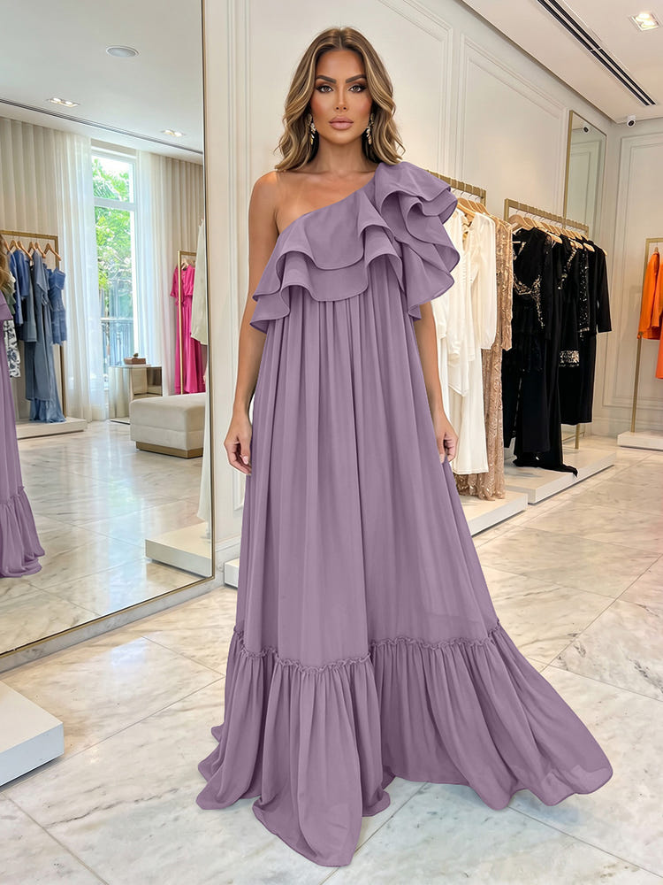 Chiffon A-Line One Shoulder Formal Dresses with Ruffles