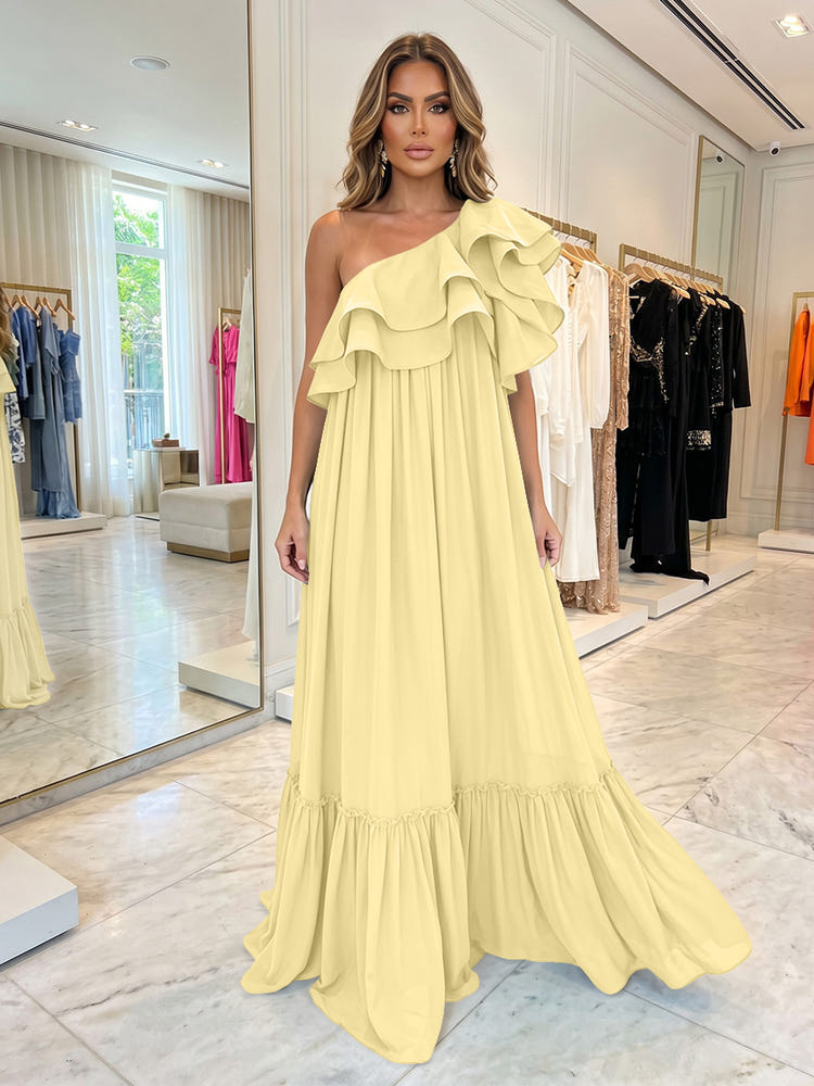 Chiffon A-Line One Shoulder Formal Dresses with Ruffles