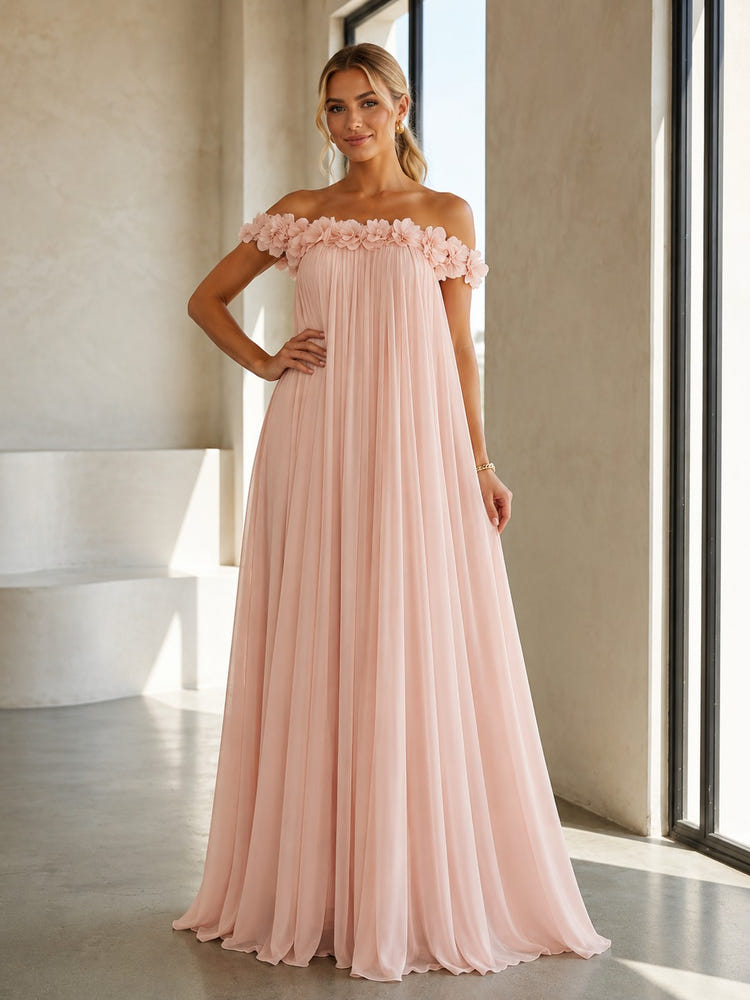 Chiffon Off the Shoulder Formal Dresses with 3D Flowers
