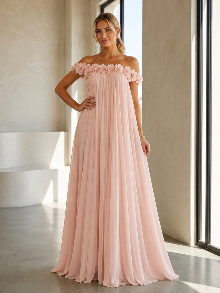 Chiffon Off the Shoulder Formal Dresses with 3D Flowers