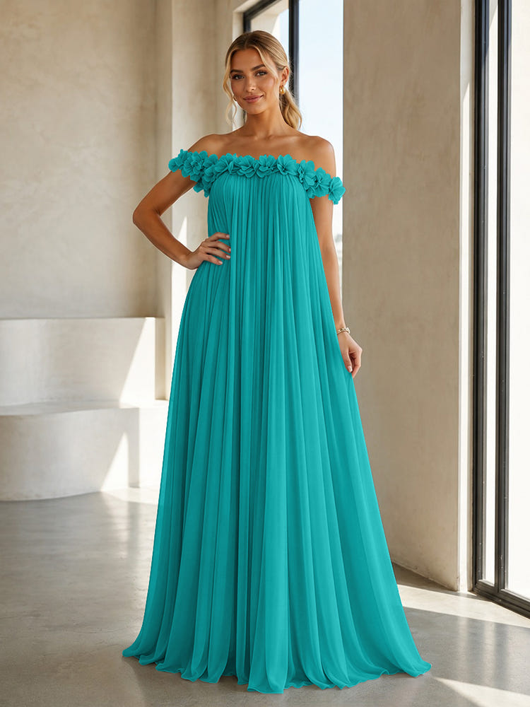 Chiffon Off the Shoulder Formal Dresses with 3D Flowers