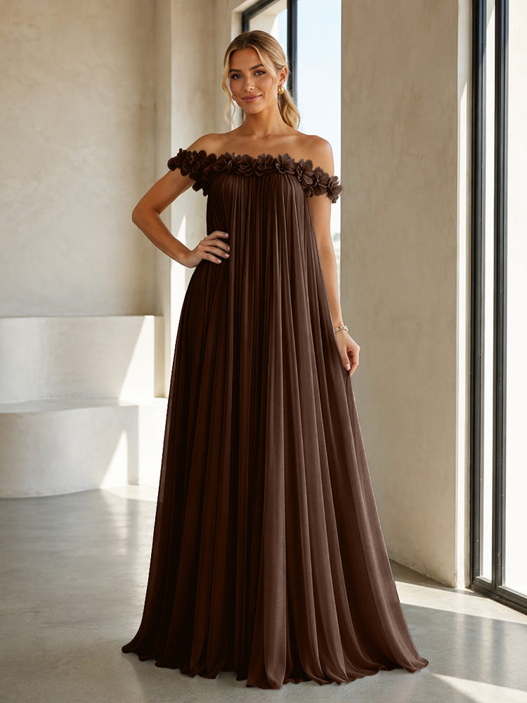 Chiffon Off the Shoulder Formal Dresses with 3D Flowers