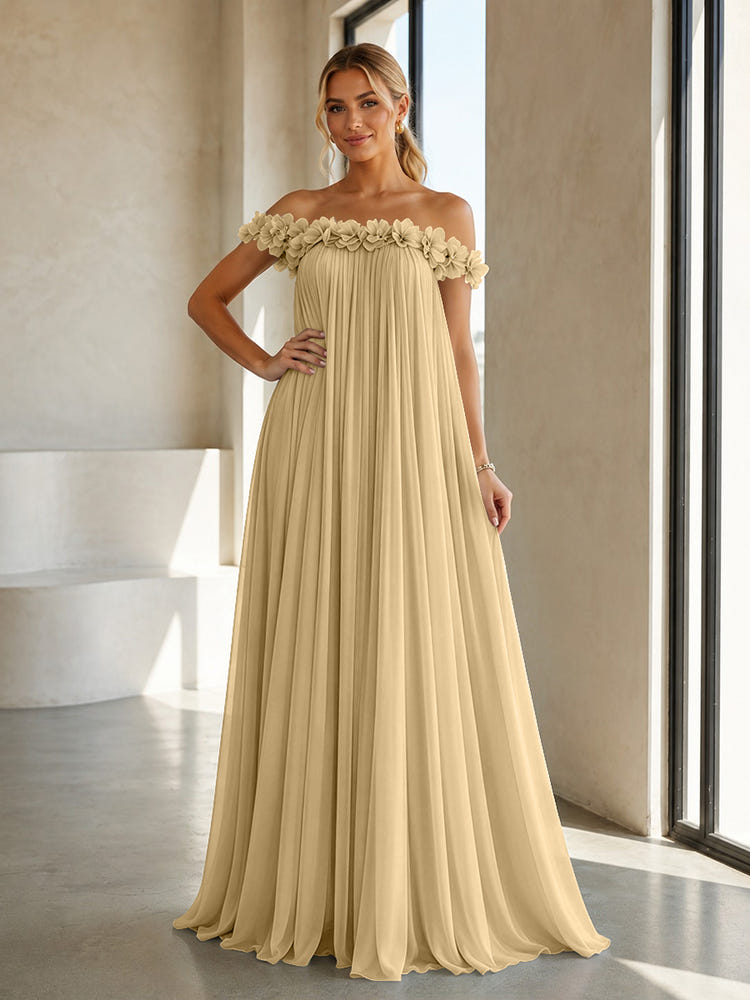 Chiffon Off the Shoulder Formal Dresses with 3D Flowers