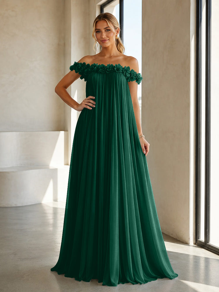 Chiffon Off the Shoulder Formal Dresses with 3D Flowers