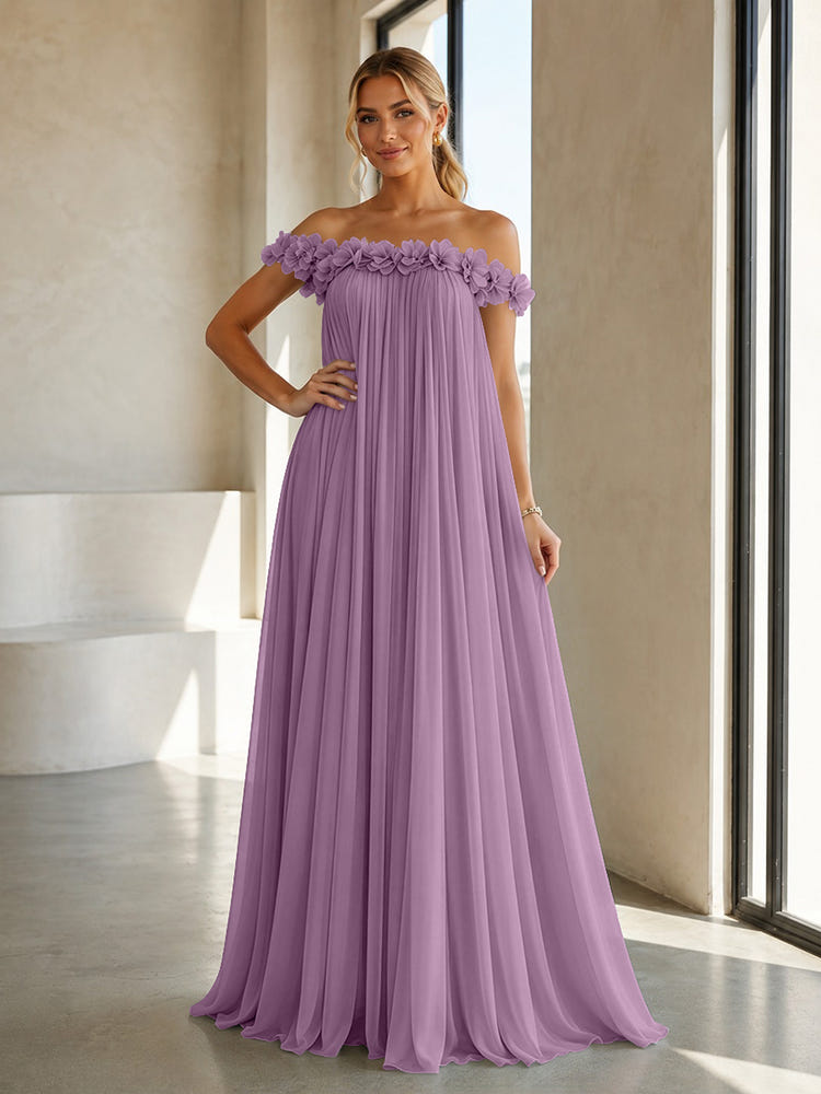 Chiffon Off the Shoulder Formal Dresses with 3D Flowers