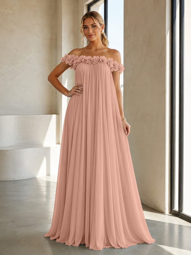 Chiffon Off the Shoulder Formal Dresses with 3D Flowers