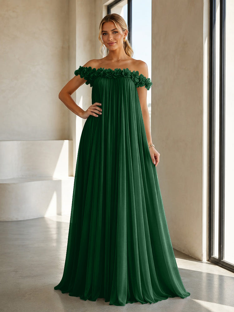 Chiffon Off the Shoulder Formal Dresses with 3D Flowers