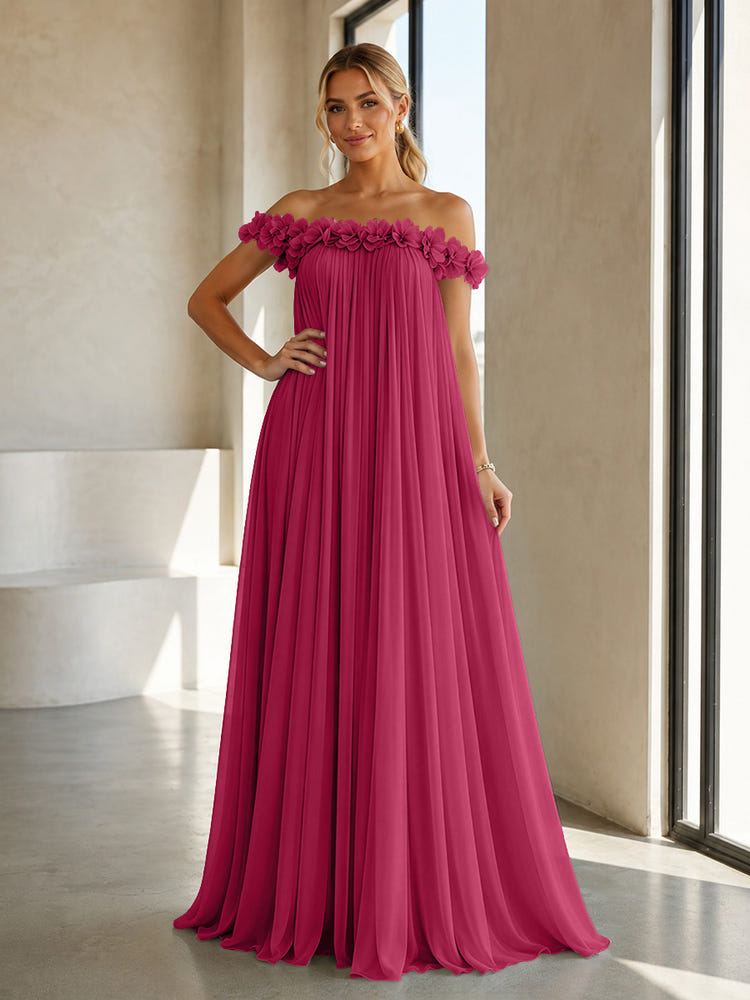 Chiffon Off the Shoulder Formal Dresses with 3D Flowers