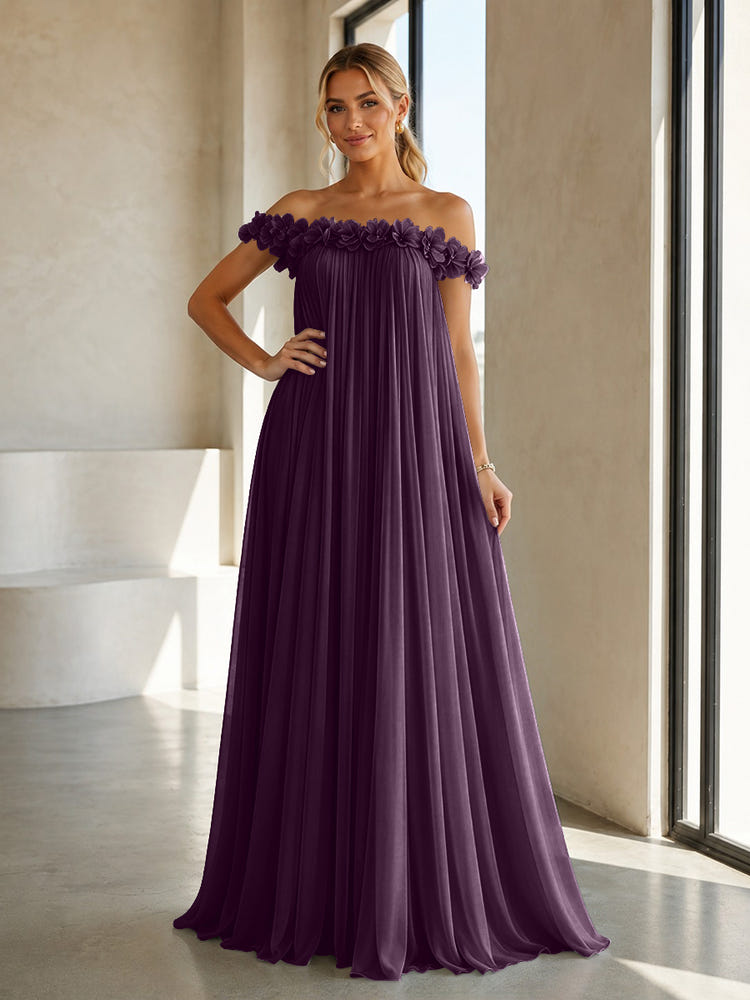 Chiffon Off the Shoulder Formal Dresses with 3D Flowers