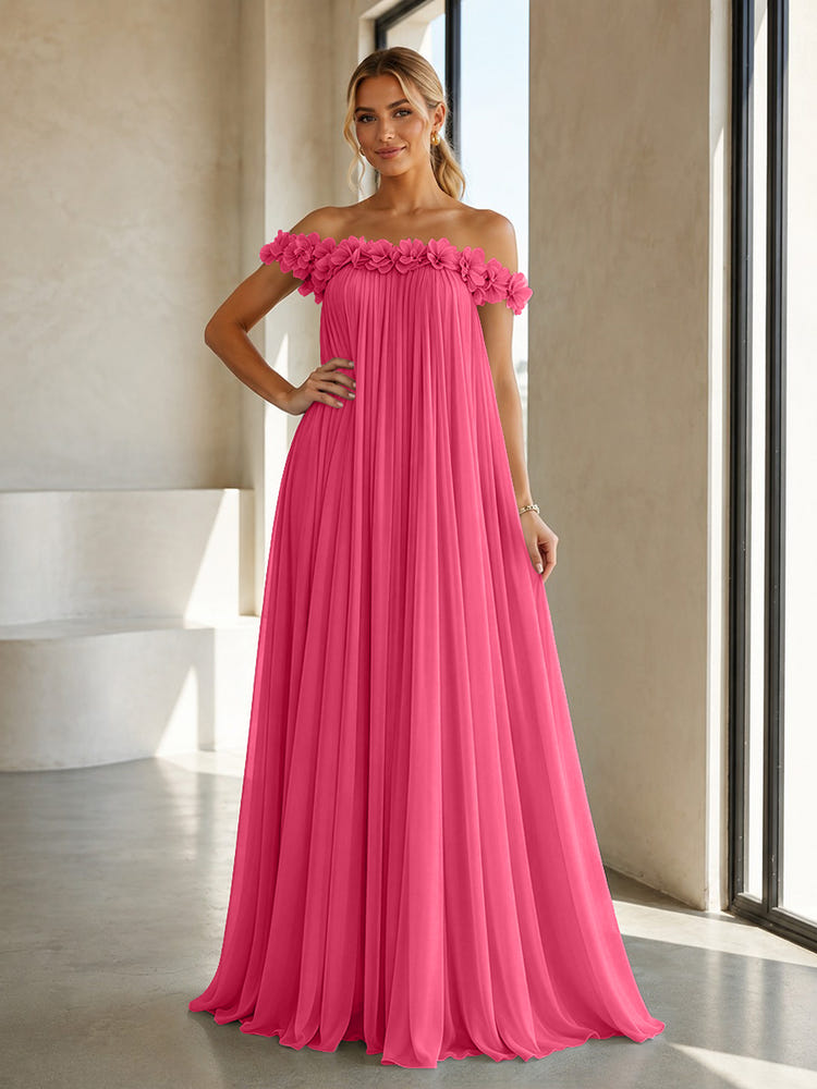 Chiffon Off the Shoulder Formal Dresses with 3D Flowers