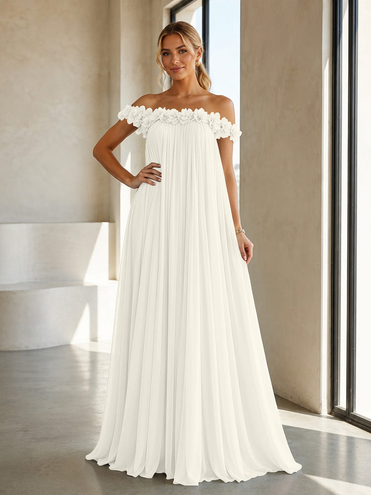 Chiffon Off the Shoulder Formal Dresses with 3D Flowers