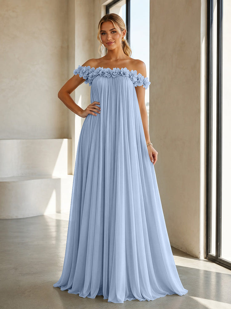 Chiffon Off the Shoulder Formal Dresses with 3D Flowers