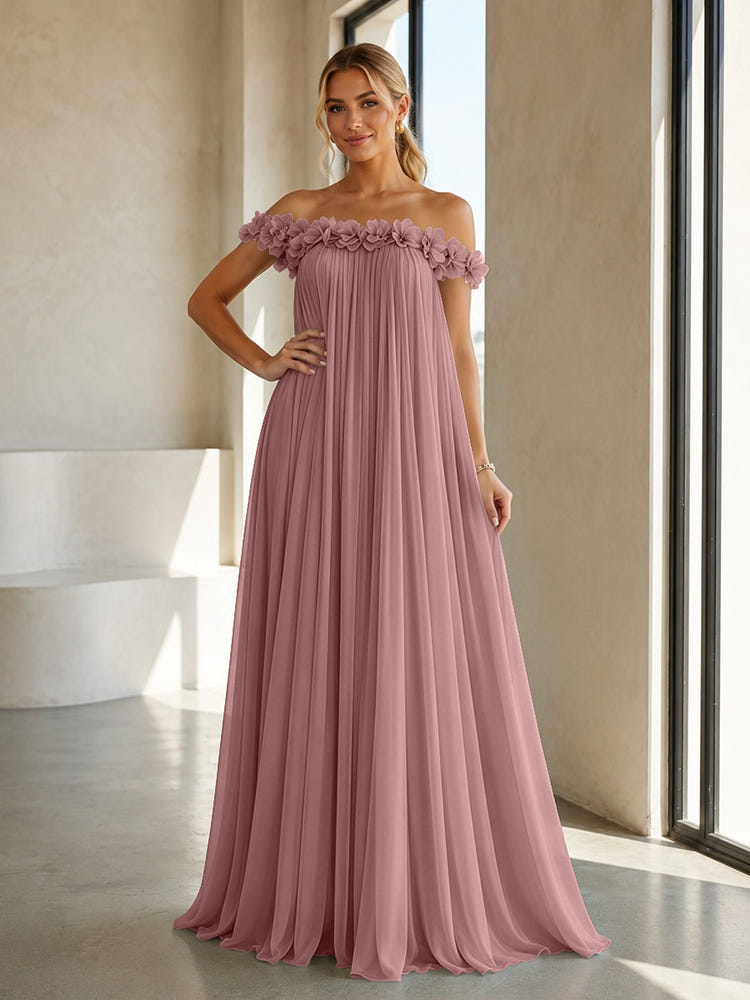 Chiffon Off the Shoulder Formal Dresses with 3D Flowers