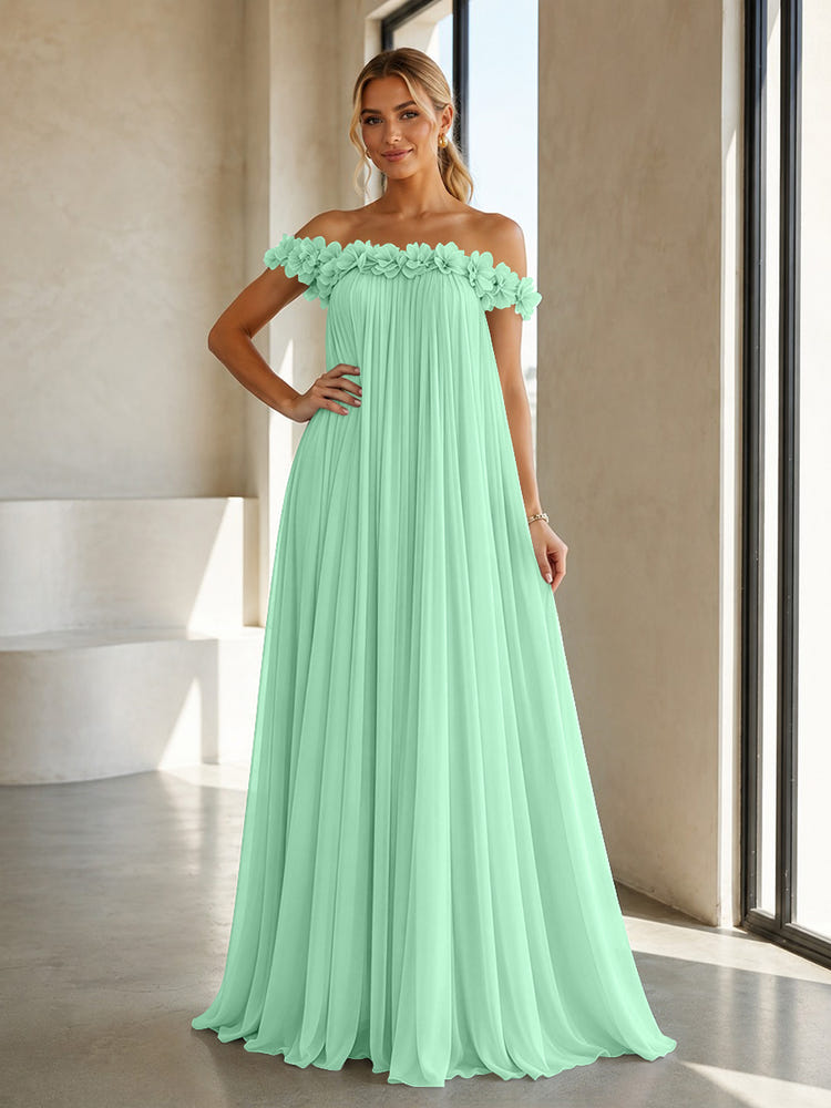 Chiffon Off the Shoulder Formal Dresses with 3D Flowers