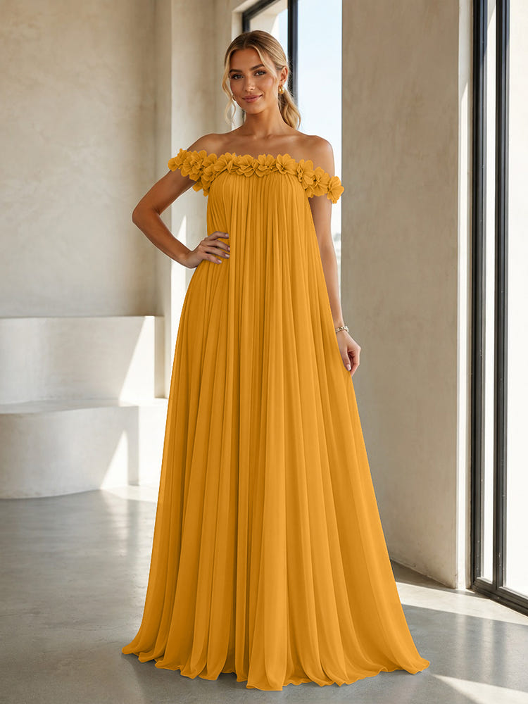 Chiffon Off the Shoulder Formal Dresses with 3D Flowers