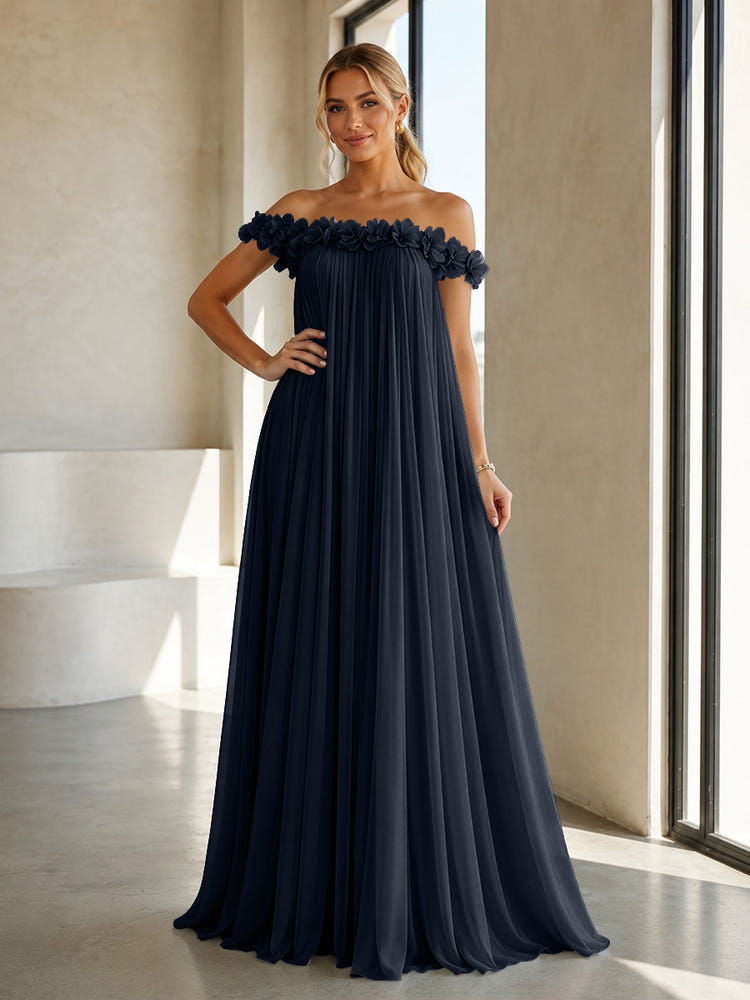 Chiffon Off the Shoulder Formal Dresses with 3D Flowers