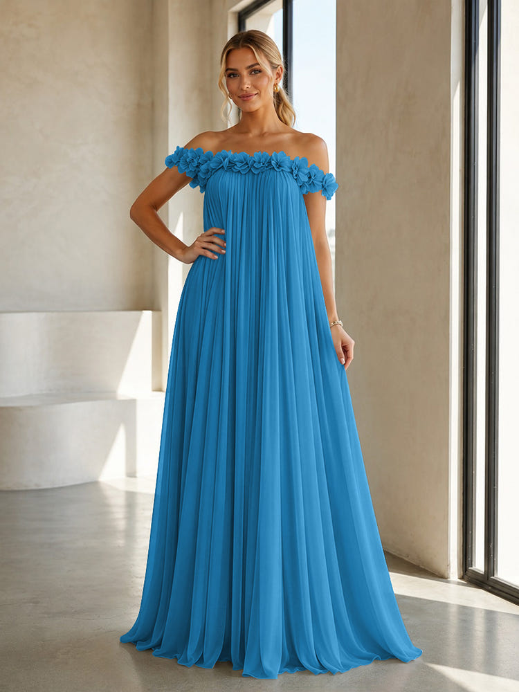 Chiffon Off the Shoulder Formal Dresses with 3D Flowers