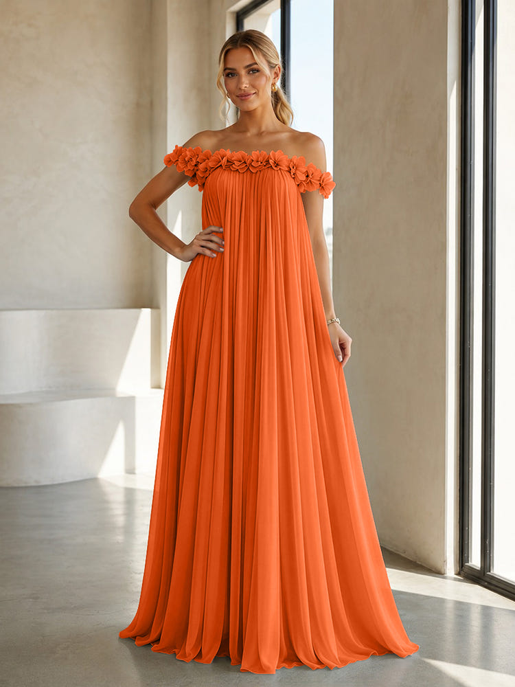Chiffon Off the Shoulder Formal Dresses with 3D Flowers