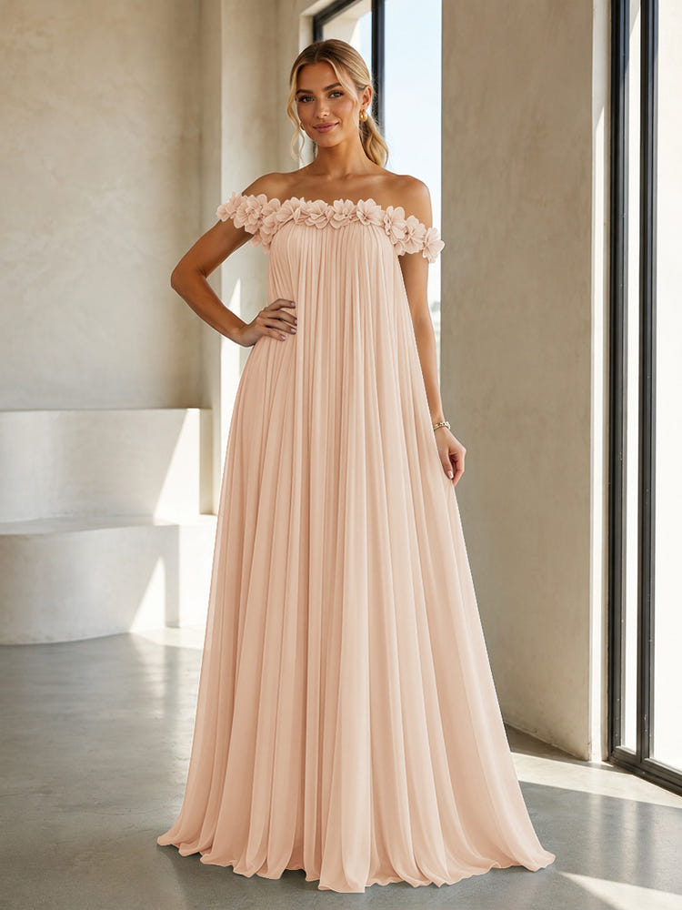 Chiffon Off the Shoulder Formal Dresses with 3D Flowers