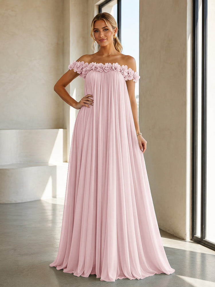 Chiffon Off the Shoulder Formal Dresses with 3D Flowers