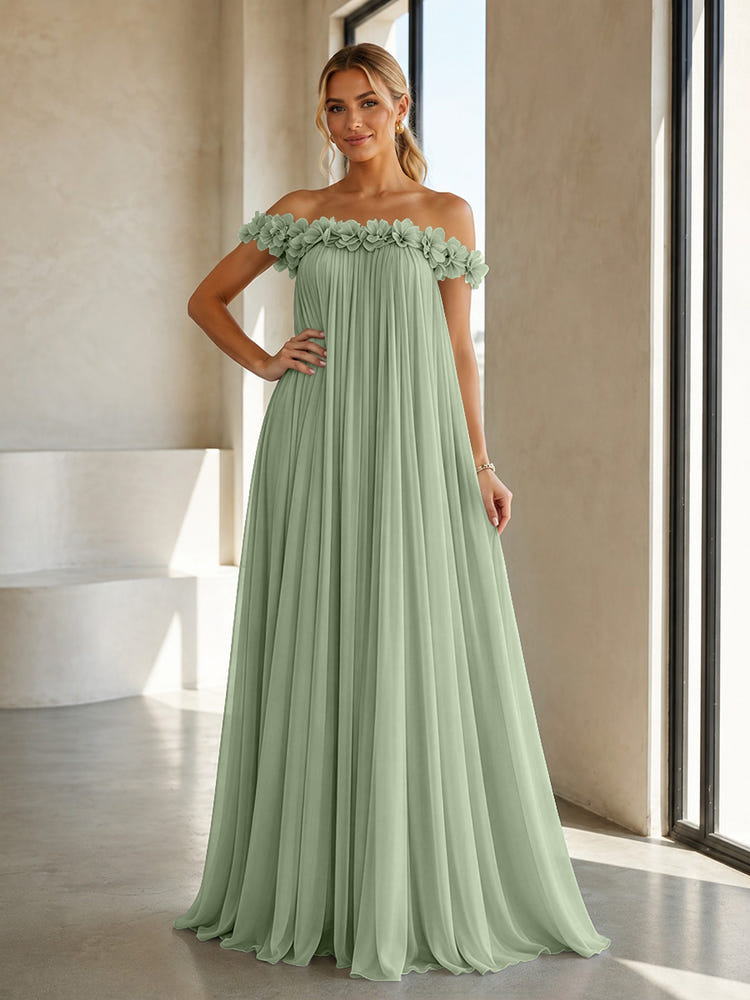 Chiffon Off the Shoulder Formal Dresses with 3D Flowers