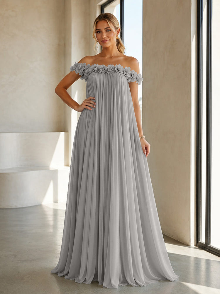 Chiffon Off the Shoulder Formal Dresses with 3D Flowers