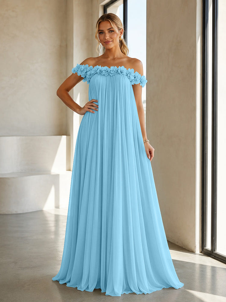 Chiffon Off the Shoulder Formal Dresses with 3D Flowers