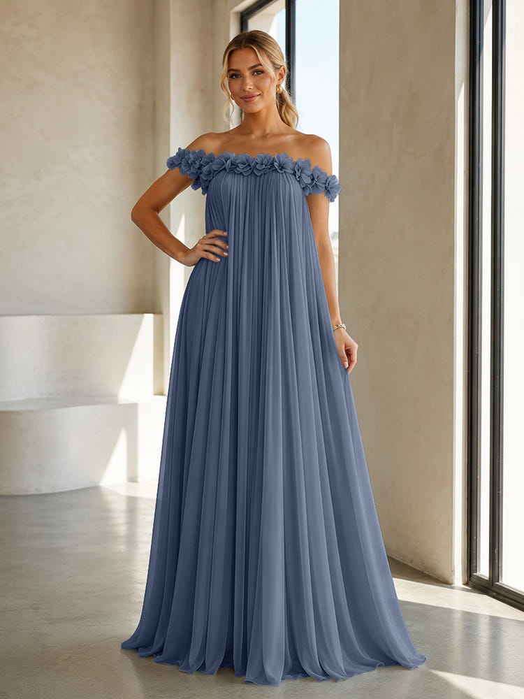 Chiffon Off the Shoulder Formal Dresses with 3D Flowers