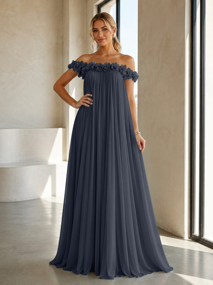 Chiffon Off the Shoulder Formal Dresses with 3D Flowers