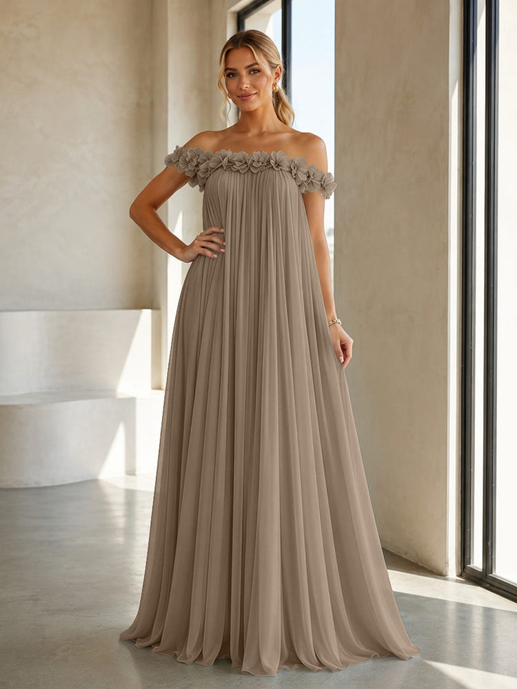 Chiffon Off the Shoulder Formal Dresses with 3D Flowers