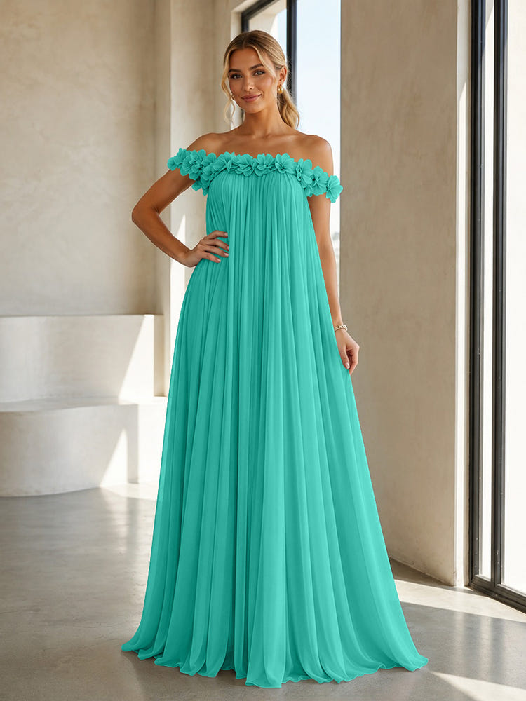 Chiffon Off the Shoulder Formal Dresses with 3D Flowers