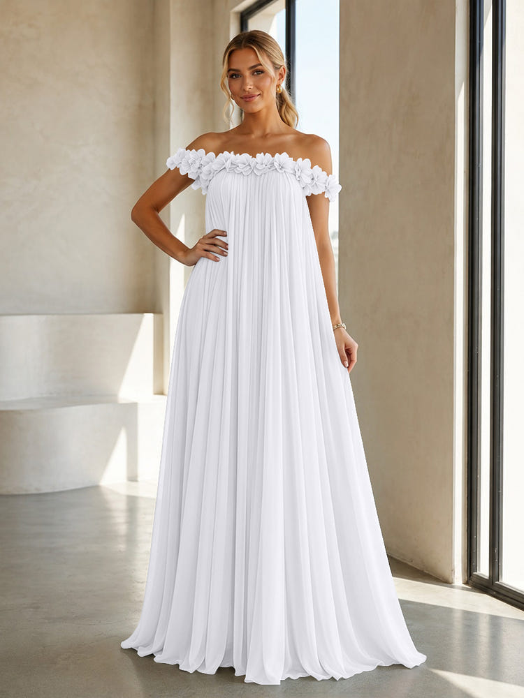 Chiffon Off the Shoulder Formal Dresses with 3D Flowers