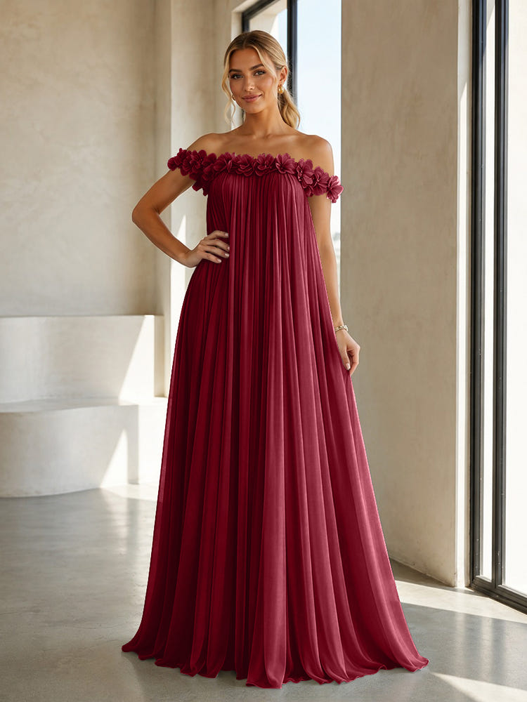 Chiffon Off the Shoulder Formal Dresses with 3D Flowers