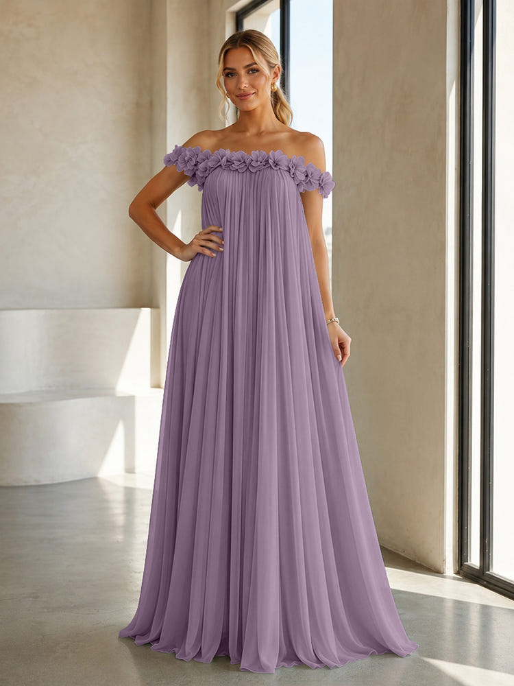 Chiffon Off the Shoulder Formal Dresses with 3D Flowers