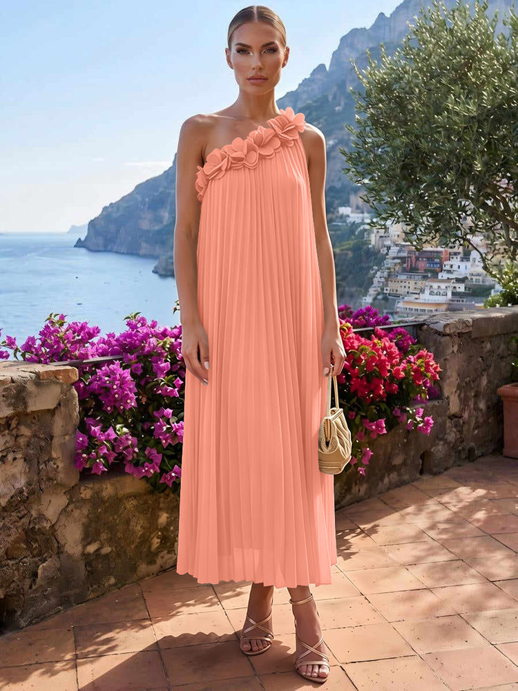 Chiffon A-Line One Shoulder Formal Tent/ Trapeze Dresses with 3D Flowers