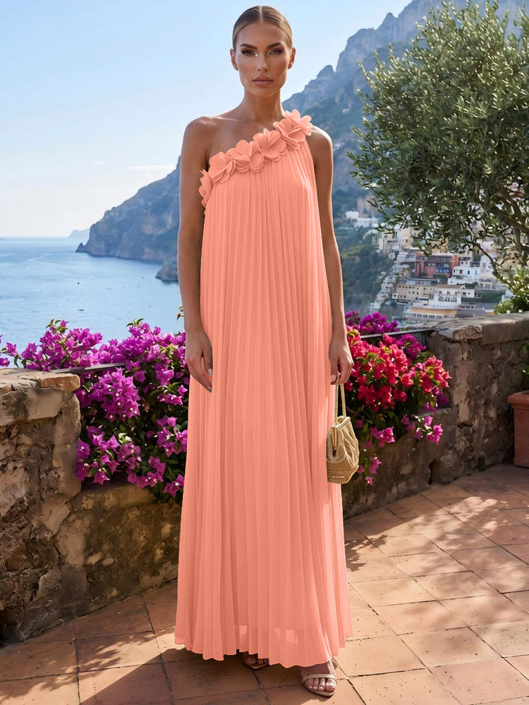 Chiffon A-Line One Shoulder Formal Tent/ Trapeze Dresses with 3D Flowers