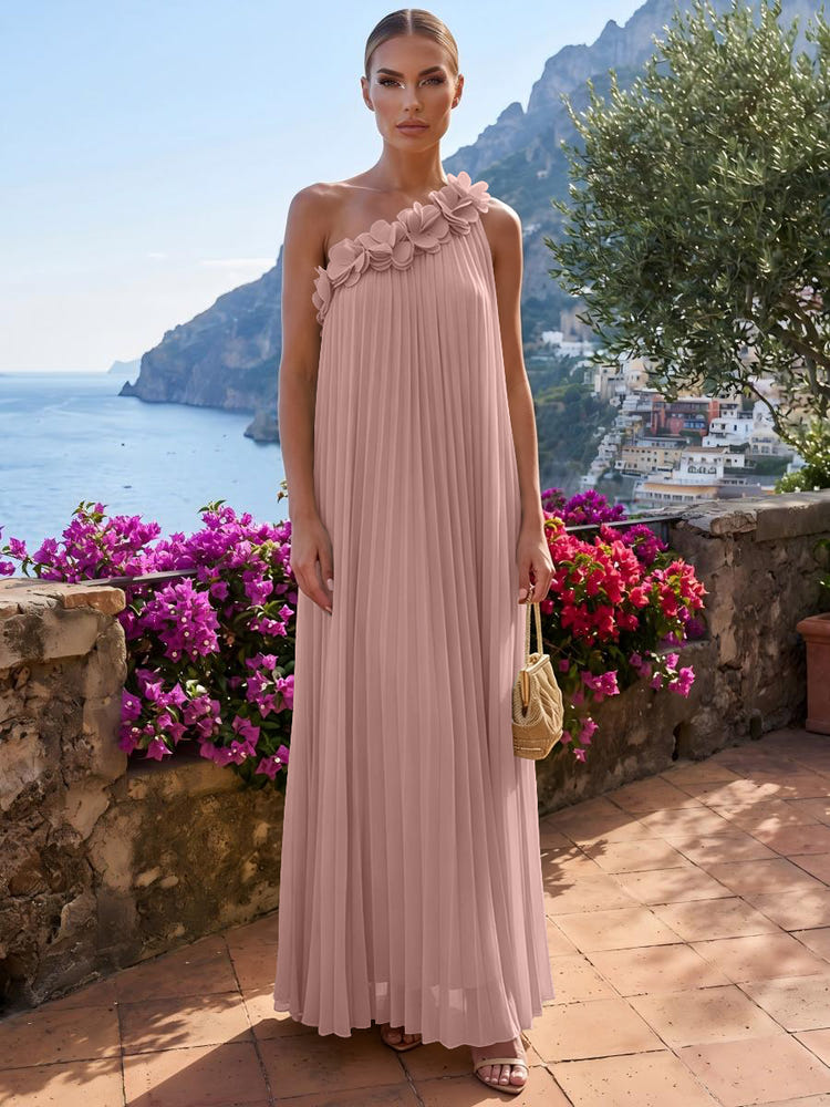 Chiffon A-Line One Shoulder Formal Tent/ Trapeze Dresses with 3D Flowers
