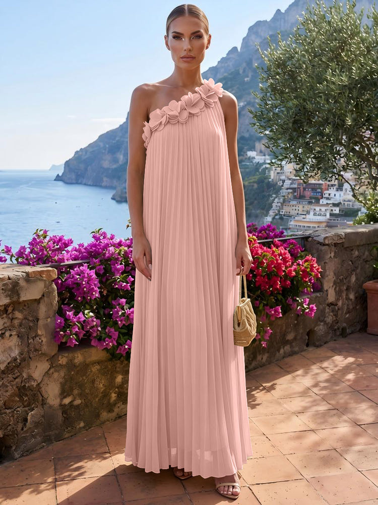 Chiffon A-Line One Shoulder Formal Tent/ Trapeze Dresses with 3D Flowers