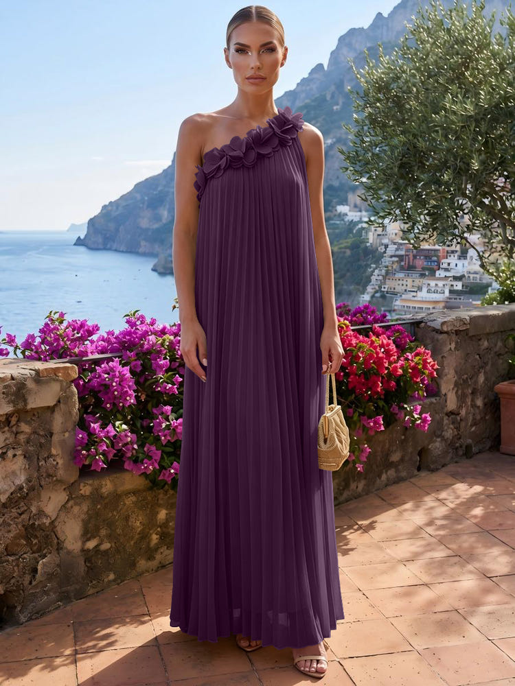 Chiffon A-Line One Shoulder Formal Tent/ Trapeze Dresses with 3D Flowers