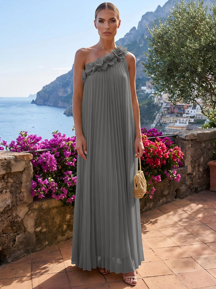 Chiffon A-Line One Shoulder Formal Tent/ Trapeze Dresses with 3D Flowers